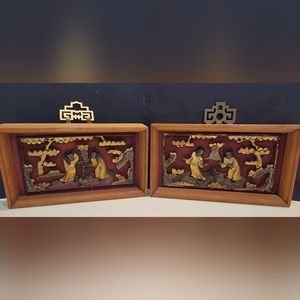 Antique Chinese Sculpted 2 Wood Relief Panels Gilt Painted Figures, Red scene